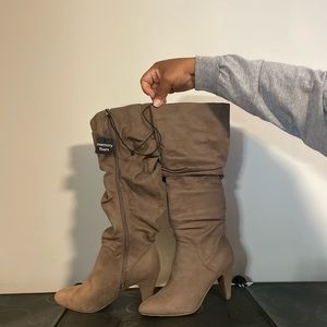Beige memory foam tall suede boots